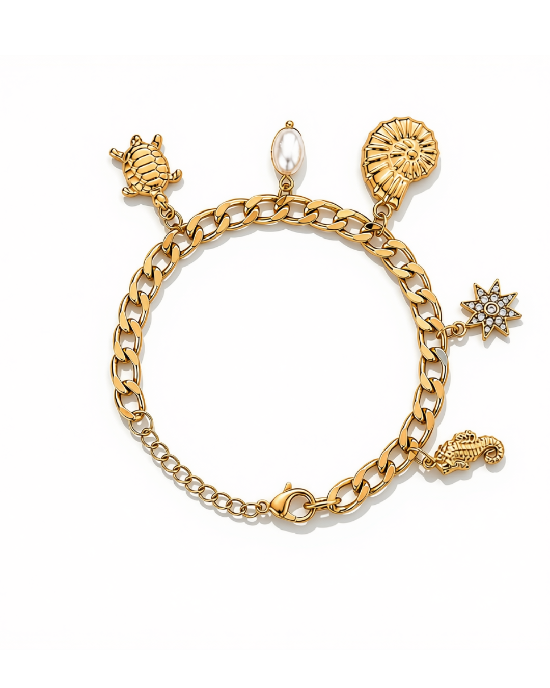 Waterproof gold charm bracelet on the wrist | A gold charm bracelet on a plain background
